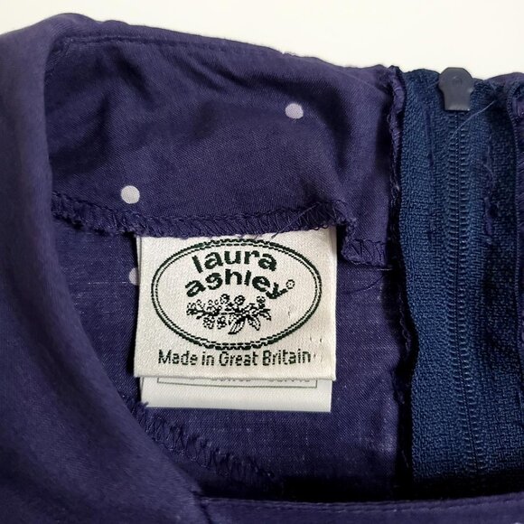 Laura Ashley Vintage 80's Midi Sailor Dress 10 Navy Polka Dot Short Sleeve - Picture 5 of 13